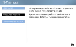 oB
ADEQUAÇÃO               Há empresas que tendem a valorizar a competência
                        local e buscam “mundializar” o projeto
PARCELA DE PROJETO      Aproveitam-se as competências locais sem ter a
                        necessidade de formar várias equipes completas

DESENVOLVIMENTO TOTAL
 