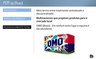 oB
ADEQUAÇÃO               Meio termo entre totalmente centralizado e
                        descentralizado
PARCELA DE PROJETO      Multinacionais que projetam produtos para o
                        mercado local
                        OMO (Brasil) - Em nenhum outro lugar a espuma é
DESENVOLVIMENTO TOTAL
                        tão abundante
 