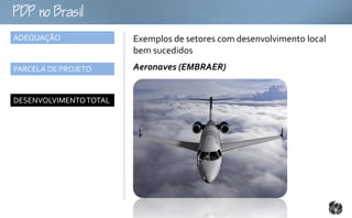 oB
ADEQUAÇÃO               Exemplos de setores com desenvolvimento local
                        bem sucedidos
PARCELA DE PROJETO      Aeronaves (EMBRAER)


DESENVOLVIMENTO TOTAL
 