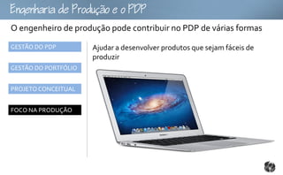 gouoo
O engenheiro de produção pode contribuir no PDP de várias formas
GESTÃO DO PDP         Ajudar a desenvolver produtos que sejam fáceis de
                      produzir
GESTÃO DO PORTFÓLIO


PROJETO CONCEITUAL


FOCO NA PRODUÇÃO
 