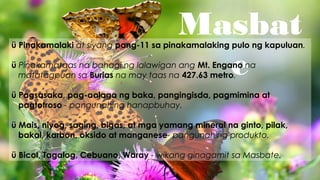 Masbat
e
ü Pinakamalaki at siyang pang-11 sa pinakamalaking pulo ng kapuluan.
ü Pinakamataas na bahagi ng lalawigan ang Mt. Engano na
matatagpuan sa Burias na may taas na 427.63 metro.
ü Pagsasaka, pag-aalaga ng baka, pangingisda, pagmimina at
pagtotroso - pangunahing hanapbuhay.
ü Mais, niyog, saging, bigas, at mga yamang mineral na ginto, pilak,
bakal, karbon, oksido at manganese- pangunahing produkto.
ü Bicol, Tagalog, Cebuano, Waray - wikang ginagamit sa Masbate.
 