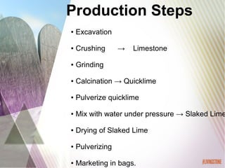 Production Steps
● Excavation
● Crushing → Limestone
● Grinding
● Calcination → Quicklime
● Pulverize quicklime
● Mix with water under pressure → Slaked Lime
● Drying of Slaked Lime
● Pulverizing
● Marketing in bags.