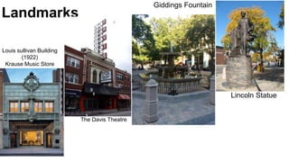 Landmarks
Giddings Fountain
Lincoln Statue
The Davis Theatre
Louis sullivan Building
(1922)
Krause Music Store
 