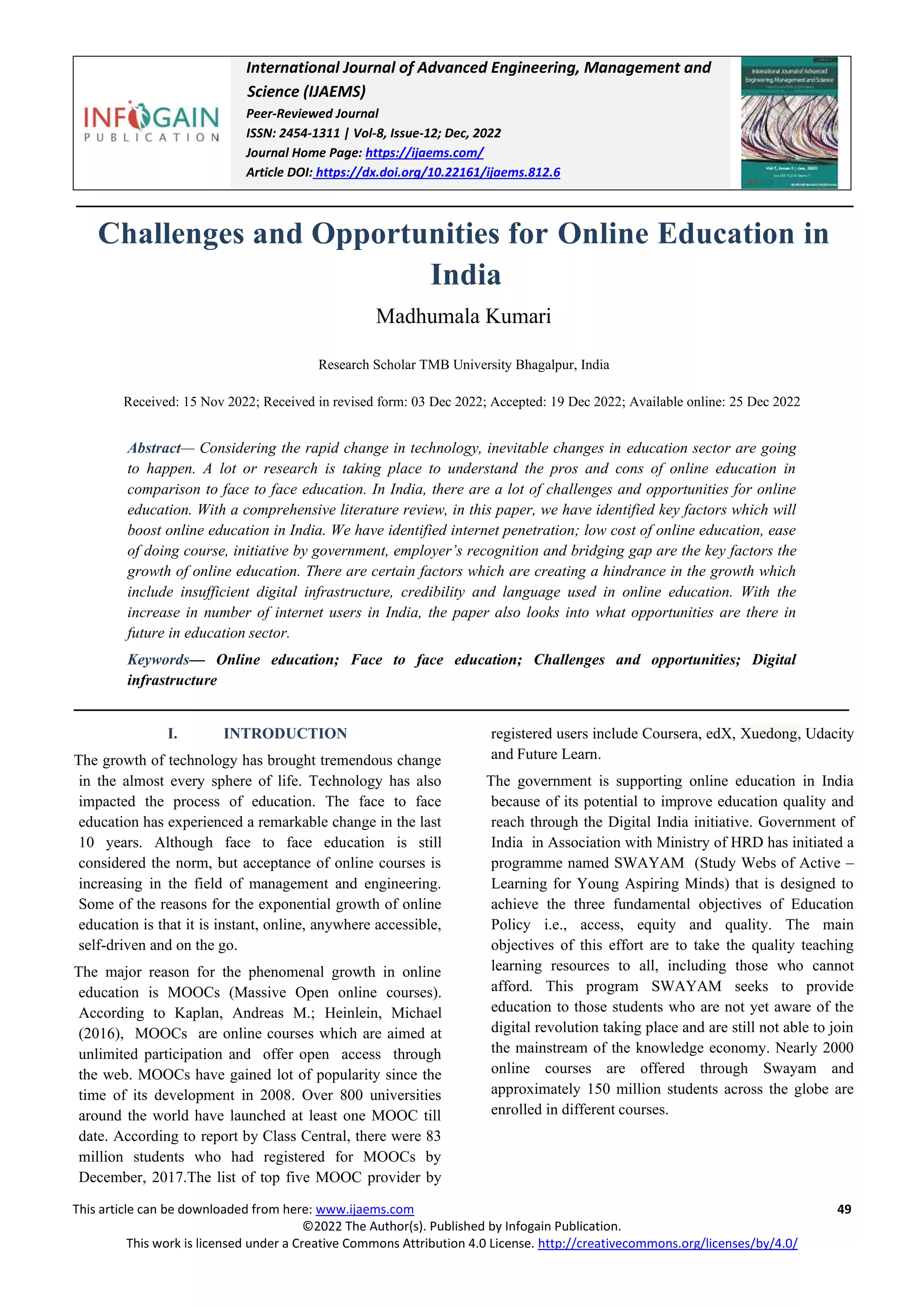 Challenges and Opportunities for Online Education in India | PDF