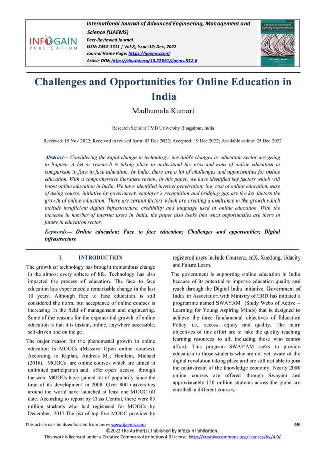 Challenges and Opportunities for Online Education in India | PDF