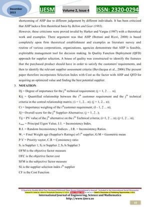 SUPPLIER SELECTION AND EVALUATION – AN INTEGRATED APPROACH OF QFD & AHP ...