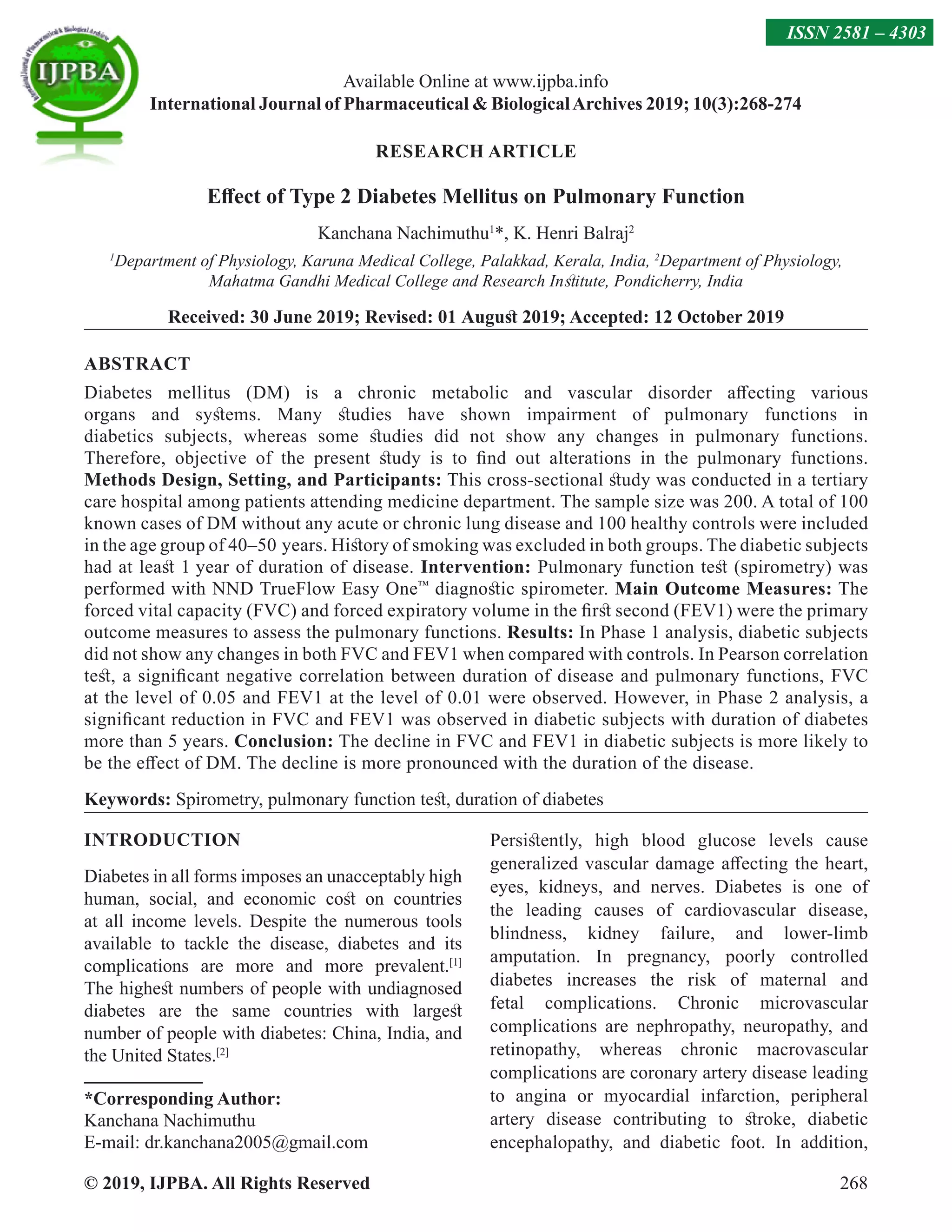 Effect of Type 2 Diabetes Mellitus on Pulmonary Function | PDF