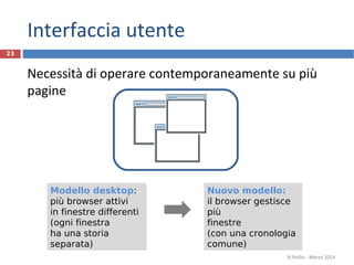 Interfaccia utente
Necessità di operare contemporaneamente su più
pagine
R.Polillo - Marzo 2014
23
Modello desktop:
più browser attivi
in finestre differenti
(ogni finestra
ha una storia
separata)
Nuovo modello:
il browser gestisce
più
finestre
(con una cronologia
comune)
 