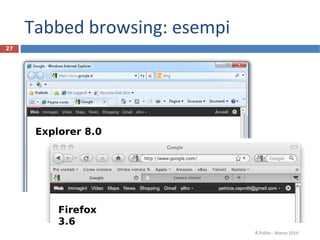 Tabbed browsing: esempi
R.Polillo - Marzo 2014
27
Firefox
3.6
Explorer 8.0
 
