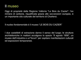 Oggi di proprietà della Regione Vallonia "Le Bois du Cazier", l’ex miniera di carbone, riqualificata grazia alle sovvenzioni europee, è un importante sito culturale del territorio di Charleroi. Il nucleo fondamentale è il museo “LE BOIS DU CAZIER”  I due castelletti di estrazione danno il senso del luogo; le strutture architettoniche in mattoni accolgono lo spazio “8 agosto 1956”, un museo dell’industria e un”forum” per ospitare manifestazioni culturali ed esposizioni temporanee. Il  museo 