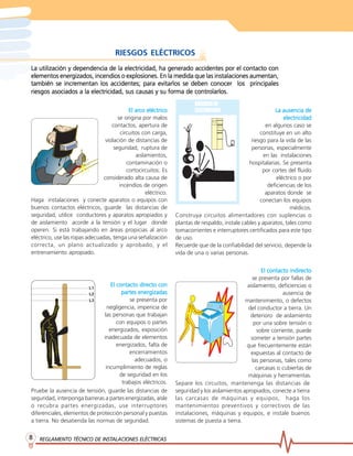 REGLAMENTO TÉCNICO DE INSTREGLAMENTO TÉCNICO DE INSTREGLAMENTO TÉCNICO DE INSTREGLAMENTO TÉCNICO DE INSTREGLAMENTO TÉCNICO DE INSTALACIONES ELÉCTRICASALACIONES ELÉCTRICASALACIONES ELÉCTRICASALACIONES ELÉCTRICASALACIONES ELÉCTRICAS88888
RIESGOS ELÉCTRICOS
La utilización y dependencia de la electricidad, ha generado accidentes por el contacto conLa utilización y dependencia de la electricidad, ha generado accidentes por el contacto conLa utilización y dependencia de la electricidad, ha generado accidentes por el contacto conLa utilización y dependencia de la electricidad, ha generado accidentes por el contacto conLa utilización y dependencia de la electricidad, ha generado accidentes por el contacto con
elementos energizados, incendios o explosiones. En la medida que las instalaciones aumentan,elementos energizados, incendios o explosiones. En la medida que las instalaciones aumentan,elementos energizados, incendios o explosiones. En la medida que las instalaciones aumentan,elementos energizados, incendios o explosiones. En la medida que las instalaciones aumentan,elementos energizados, incendios o explosiones. En la medida que las instalaciones aumentan,
también se incrtambién se incrtambién se incrtambién se incrtambién se incrementan los accidentes; para evitarlos se deben conocer los principalesementan los accidentes; para evitarlos se deben conocer los principalesementan los accidentes; para evitarlos se deben conocer los principalesementan los accidentes; para evitarlos se deben conocer los principalesementan los accidentes; para evitarlos se deben conocer los principales
riesgos asociados a la electricidad, sus causas y su forma de contrriesgos asociados a la electricidad, sus causas y su forma de contrriesgos asociados a la electricidad, sus causas y su forma de contrriesgos asociados a la electricidad, sus causas y su forma de contrriesgos asociados a la electricidad, sus causas y su forma de controlarlos.olarlos.olarlos.olarlos.olarlos.
El arEl arEl arEl arEl arco eléctricoco eléctricoco eléctricoco eléctricoco eléctrico
se origina por malos
contactos, apertura de
circuitos con carga,
violación de distancias de
seguridad, ruptura de
aislamientos,
contaminación o
cortocircuitos. Es
considerado alta causa de
incendios de origen
eléctrico.
Construya circuitos alimentadores con suplencias o
plantas de respaldo, instale cables y aparatos, tales como
tomacorrientes e interruptores certificados para este tipo
de uso.
Recuerde que de la confiabilidad del servicio, depende la
vida de una o varias personas.
Pruebe la ausencia de tensión, guarde las distancias de
seguridad, interponga barreras a partes energizadas, aísle
o recubra partes energizadas, use interruptores
diferenciales, elementos de protección personal y puestas
a tierra. No desatienda las normas de seguridad.
Haga instalaciones y conecte aparatos o equipos con
buenos contactos eléctricos, guarde las distancias de
seguridad, utilice conductores y aparatos apropiados y
de aislamiento acorde a la tensión y el lugar donde
operen. Si está trabajando en áreas propicias al arco
eléctrico, use las ropas adecuadas, tenga una señalización
correcta, un plano actualizado y aprobado, y el
entrenamiento apropiado.
La ausencia deLa ausencia deLa ausencia deLa ausencia deLa ausencia de
electricidadelectricidadelectricidadelectricidadelectricidad
en algunos caso se
constituye en un alto
riesgo para la vida de las
personas, especialmente
en las instalaciones
hospitalarias. Se presenta
por cortes del fluido
eléctrico o por
deficiencias de los
aparatos donde se
conectan los equipos
médicos.
El contacto dirEl contacto dirEl contacto dirEl contacto dirEl contacto directo conecto conecto conecto conecto con
partes energizadaspartes energizadaspartes energizadaspartes energizadaspartes energizadas
se presenta por
negligencia, impericia de
las personas que trabajan
con equipos o partes
energizados, exposición
inadecuada de elementos
energizados, falta de
encerramientos
adecuados, o
incumplimiento de reglas
de seguridad en los
trabajos eléctricos.
El contacto indirEl contacto indirEl contacto indirEl contacto indirEl contacto indirectoectoectoectoecto
se presenta por fallas de
aislamiento, deficiencias o
ausencia de
mantenimiento, o defectos
del conductor a tierra. Un
deterioro de aislamiento
por una sobre tensión o
sobre corriente, puede
someter a tensión partes
que frecuentemente están
expuestas al contacto de
las personas, tales como
carcasas o cubiertas de
máquinas y herramientas.
Separe los circuitos, mantenenga las distancias de
seguridad y los aislamientos apropiados, conecte a tierra
las carcasas de máquinas y equipos, haga los
mantenimientos preventivos y correctivos de las
instalaciones, máquinas y equipos, e instale buenos
sistemas de puesta a tierra.
 