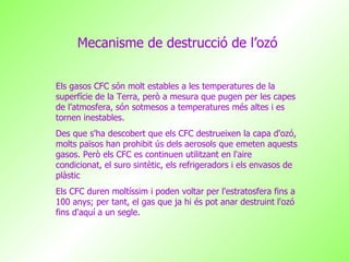 Mecanisme de destrucció de l’ozó Els gasos CFC són molt estables a les temperatures de la superfície de la Terra, però a mesura que pugen per les capes de l'atmosfera, són sotmesos a temperatures més altes i es tornen inestables.  Des que s'ha descobert que els CFC destrueixen la capa d'ozó, molts països han prohibit ús dels aerosols que emeten aquests gasos. Però els CFC es continuen utilitzant en l'aire condicionat, el suro sintètic, els refrigeradors i els envasos de plàstic  Els CFC duren moltíssim i poden voltar per l'estratosfera fins a 100 anys; per tant, el gas que ja hi és pot anar destruint l'ozó fins d'aquí a un segle. 