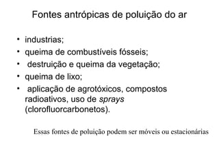 Fontes antrópicas de poluição do ar
• industrias;
• queima de combustíveis fósseis;
• destruição e queima da vegetação;
• queima de lixo;
• aplicação de agrotóxicos, compostos
radioativos, uso de sprays
(clorofluorcarbonetos).
Essas fontes de poluição podem ser móveis ou estacionárias
 