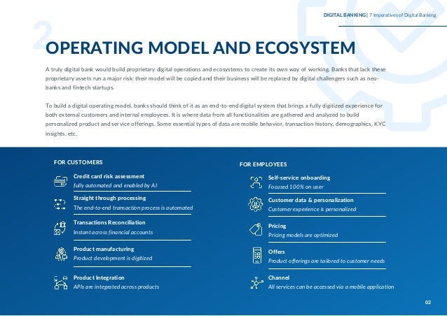 A truly digital bank would build proprietary digital operations and ecosystems to create its own way of working. Banks that lack these
proprietary assets run a major risk: their model will be copied and their business will be replaced by digital challengers such as neo-
banks and fintech startups.
To build a digital operating model, banks should think of it as an end-to-end digital system that brings a fully digitized experience for
both external customers and internal employees. It is where data from all functionalities are gathered and analyzed to build
personalized product and service offerings. Some essential types of data are mobile behavior, transaction history, demographics, KYC
insights, etc.
Credit card risk assessment
fully automated and enabled by AI
Straight through processing
The end-to-end transaction process is automated
Transactions Reconciliation
Instant across financial accounts
Product manufacturing
Product development is digitized
Product Integration
APIs are integrated across products
2
OPERATING MODEL AND ECOSYSTEM
Self-service onboarding
Focused 100% on user
Customer data & personalization
Customer experience is personalized
Pricing
Pricing models are optimized
Offers
Product offerings are tailored to customer needs
Channel
All services can be accessed via a mobile application
FOR CUSTOMERS FOR EMPLOYEES
DIGITAL BANKING | 7 Imperatives of Digital Banking
02
 