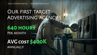 AVG cost $400K
annually
Our first target
Advertising agencies
640 hours
Per month
angel.co/improvado-io daniel@improvado.io
 
