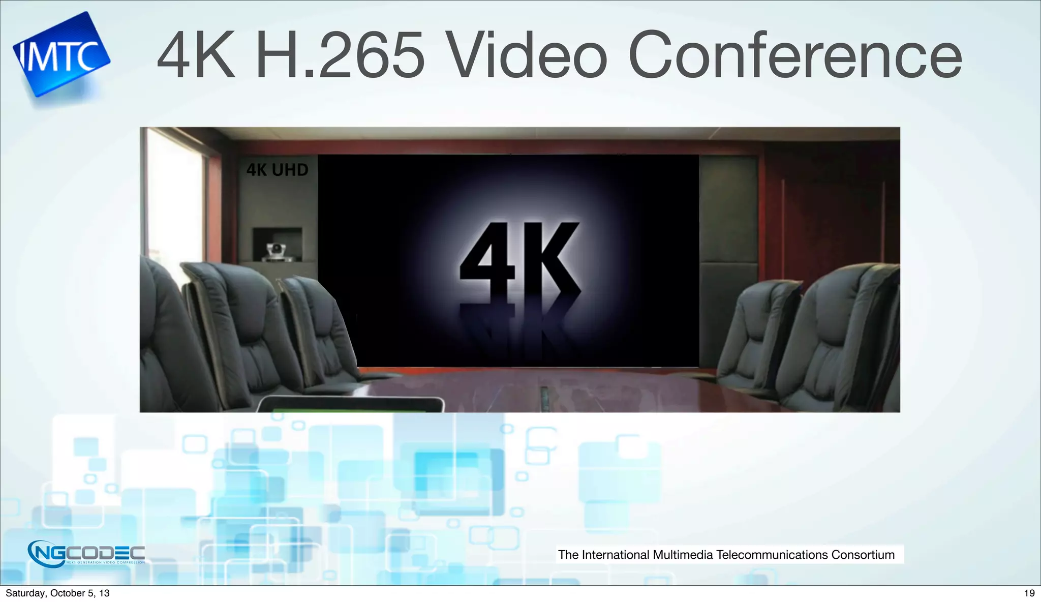 The International Multimedia Telecommunications Consortium
4K
4K H.265 Video Conference
4K	
  UHD
19Saturday, October 5, 13
 