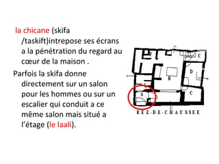 la chicane (skifa
/taskift)intrepose ses écrans
a la pénétration du regard au
cœur de la maison .
Parfois la skifa donne
directement sur un salon
pour les hommes ou sur un
escalier qui conduit a ce
même salon mais situé a
l’étage (le laali).
 