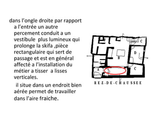 dans l’ongle droite par rapport
a l’entrée un autre
percement conduit a un
vestibule plus lumineux qui
prolonge la skifa ,pièce
rectangulaire qui sert de
passage et est en général
affecté a l’installation du
métier a tisser a lisses
verticales.
il situe dans un endroit bien
aérée permet de travailler
dans l’aire fraiche.
 