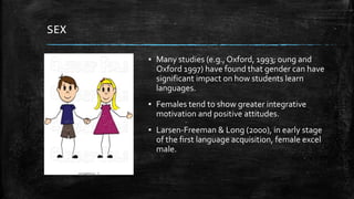 SEX
▪ Many studies (e.g., Oxford, 1993; oung and
Oxford 1997) have found that gender can have
significant impact on how students learn
languages.
▪ Females tend to show greater integrative
motivation and positive attitudes.
▪ Larsen-Freeman & Long (2000), in early stage
of the first language acquisition, female excel
male.
 