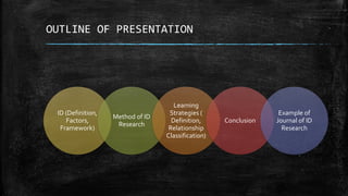 OUTLINE OF PRESENTATION
ID (Definition,
Factors,
Framework)
Method of ID
Research
Learning
Strategies (
Definition,
Relationship
Classification)
Conclusion
Example of
Journal of ID
Research
 
