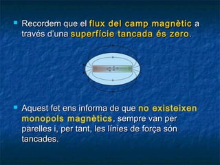 



Recordem que el flux del camp magnètic a
través d’una superfície tancada és zero .

Aquest fet ens informa de que no existeixen
monopols magnètics , sempre van per
parelles i, per tant, les línies de força són
tancades.

 