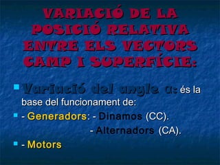 VARIACIÓ DE LA
POSICIÓ RELATIVA
ENTRE ELS VECTORS
CAMP I SUPERFÍCIE:
 Variació




del angle α: és la

base del funcionament de:
- Generadors : - Dinamos (CC).
- Alternadors (CA).
- Motors

 