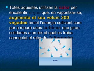 

Totes aquestes utilitzen la calor per
encalentir aigua que, en vaporitzar-se,
augmenta el seu volum 300
vegades tenint l’energia suficient com
per a moure unes turbines que giran
solidàries a un eix al qual es troba
connectat el rotor de l’alternador .

 
