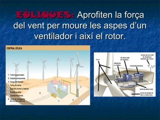 EÒLIQUES: Aprofiten la força
del vent per moure les aspes d’un
ventilador i així el rotor.

 