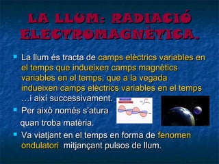 LA LLUM: RADIACIÓ
ELECTROMAGNÈTICA.






La llum és tracta de camps elèctrics variables en
el temps que indueixen camps magnètics
variables en el temps, que a la vegada
indueixen camps elèctrics variables en el temps
…i així successivament.
Per això només s’atura
quan troba matèria.
Va viatjant en el temps en forma de fenomen
ondulatori mitjançant pulsos de llum.

 