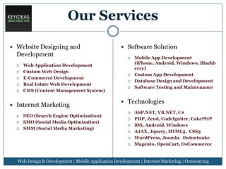 Our Services
 Website Designing and

Development






Web Application Development
Custom Web Design
E-Commerce Development
Real Estate Web Development
CMS (Content Management System)

 Internet Marketing




SEO (Search Engine Optimization)
SMO (Social Media Optimization)
SMM (Social Media Marketing)

 Software Solution






Mobile App Development
(iPhone, Android, Windows, Blackb
erry)
Custom App Development
Database Design and Development
Software Testing and Maintenance

 Technologies







ASP.NET, VB.NET, C#
PHP, Zend, CodeIgniter, CakePHP
iOS, Android, Windows
AJAX, Jquery, HTML5, CSS3
WordPress, Joomla. Dotnetnuke
Magento, OpenCart, OsCommerce

Web Design & Development | Mobile Application Development | Internet Marketing | Outsourcing

 