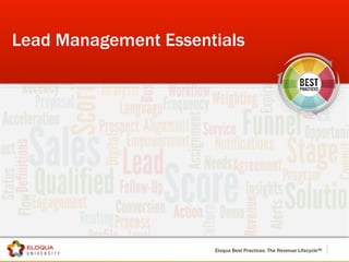 Lead Management Essentials




                 v    Eloqua Best Practices: The Revenue Lifecycle™
 