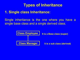 1. Single class Inheritance:
Single inheritance is the one where you have a
single base class and a single derived class.
Types of Inheritance
Class Employee
Class Manager
It is a Base class (super)
it is a sub class (derived)
 