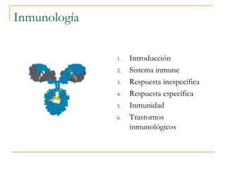 Inmunología 
1. Introducción 
2. Sistema inmune 
3. Respuesta inespecífica 
4. Respuesta específica 
5. Inmunidad 
6. Trastornos 
inmunológicos 
 