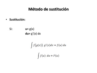 Método de sustitución

• Sustitución:

  Si:        u= g(x)
             du= g’(x) dx
 