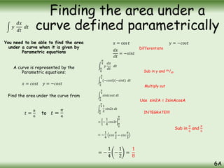 You need to be able to find the area
under a curve when it is given by
Parametric equations
A curve is represented by the
Parametric equations:
Find the area under the curve from
𝑡 =
𝜋
6
to 𝑡 =
𝜋
4
𝑦
𝑑𝑥
𝑑𝑡
𝑑𝑡
𝜋
6
𝜋
4
𝑦
𝑑𝑥
𝑑𝑡
𝑑𝑡
𝑥 = cos 𝑡 𝑦 = −𝑐𝑜𝑠𝑡
𝑑𝑥
𝑑𝑡
= −𝑠𝑖𝑛𝑡
𝜋
6
𝜋
4
(−𝑐𝑜𝑠𝑡)(−𝑠𝑖𝑛𝑡) 𝑑𝑡
𝜋
6
𝜋
4
𝑠𝑖𝑛𝑡𝑐𝑜𝑠𝑡 𝑑𝑡
= −
1
4
𝑐𝑜𝑠2𝑡 𝜋
6
𝜋
4
= −
1
4
𝑐𝑜𝑠
𝜋
2
− 𝑐𝑜𝑠
𝜋
3
= −
1
4
−
1
2
=
1
8
Sub in y and dx/dt
Multiply out
INTEGRATE!!!!
Sub in
𝜋
6
and
𝜋
6
Differentiate
6A
Finding the area under a
curve defined parametrically
𝑥 = 𝑐𝑜𝑠𝑡 𝑦 = −𝑐𝑜𝑠𝑡
𝜋
6
𝜋
4 1
2
𝑠𝑖𝑛2𝑡 𝑑𝑡
Use sin2A = 2sinAcosA
 