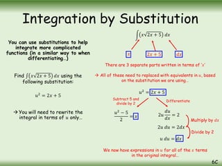 You can use substitutions to help
integrate more complicated
functions (in a similar way to when
differentiating…)
Find 𝑥 2𝑥 + 5 𝑑𝑥 using the
following substitution:
𝑢2
= 2𝑥 + 5
You will need to rewrite the
integral in terms of 𝑢 only…
Integration by Substitution
6C
𝑥 𝑑𝑥
2𝑥 + 5
There are 3 separate parts written in terms of ‘𝑥’
 All of these need to replaced with equivalents in 𝑢, based
on the substitution we are using…
𝑢2
= 2𝑥 + 5
𝑢2
− 5
2
= 𝑥 2𝑢
𝑑𝑢
𝑑𝑥
= 2
2𝑢 𝑑𝑢 = 2𝑑𝑥
𝑢 𝑑𝑢 = 𝑑𝑥
Subtract 5 and
divide by 2
Differentiate
Multiply by 𝑑𝑥
Divide by 2
We now have expressions in 𝑢 for all of the 𝑥 terms
in the original integral…
𝑥 2𝑥 + 5 𝑑𝑥
 