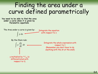 You need to be able to find the area
under a curve when it is given by
Parametric equations
The Area under a curve is given by:
By the Chain rule:
6A
𝑦 𝑑𝑥
𝑦
𝑑𝑥
𝑑𝑡
𝑑𝑡
Integrate the equation
with respect to x
y multiplied by dx/dt (x
differentiated with
respect to t)
Integrate the whole expression with
respect to t
(Remember you don’t have to do
anything with the dt at the end!)
Finding the area under a
curve defined parametrically
 