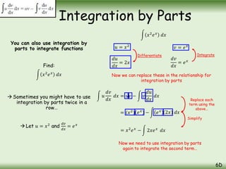 You can also use integration by
parts to integrate functions
Find:
𝑥2
𝑒𝑥
𝑑𝑥
Sometimes you might have to use
integration by parts twice in a
row…
 Let 𝑢 = 𝑥2
and
𝑑𝑣
𝑑𝑥
= 𝑒𝑥
Integration by Parts
6D
𝑢 = 𝑥2
𝑥2
𝑒𝑥
𝑑𝑥
𝑑𝑢
𝑑𝑥
= 2𝑥
𝑣 = 𝑒𝑥
𝑑𝑣
𝑑𝑥
= 𝑒𝑥
Differentiate Integrate
Now we can replace these in the relationship for
integration by parts
𝑢
𝑑𝑣
𝑑𝑥
𝑑𝑥 = 𝑢𝑣 − 𝑣
𝑑𝑢
𝑑𝑥
𝑑𝑥
= (𝑥2
) − 𝑒𝑥
= 𝑥2
𝑒𝑥
Replace each
term using the
above…
Simplify
Now we need to use integration by parts
again to integrate the second term…
𝑒𝑥 2𝑥 𝑑𝑥
− 2𝑥𝑒𝑥
𝑑𝑥
 