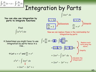You can also use integration by
parts to integrate functions
Find:
𝑥2
𝑒𝑥
𝑑𝑥
Sometimes you might have to use
integration by parts twice in a
row…
 Let 𝑢 = 𝑥2
and
𝑑𝑣
𝑑𝑥
= 𝑒𝑥
Integration by Parts
6D
𝑥2
𝑒𝑥
− 2𝑥𝑒𝑥
𝑑𝑥
𝑢 = 2𝑥
2𝑥𝑒𝑥
𝑑𝑥
𝑑𝑢
𝑑𝑥
= 2
𝑣 = 𝑒𝑥
𝑑𝑣
𝑑𝑥
= 𝑒𝑥
Differentiate Integrate
Now we can replace these in the relationship for
integration by parts
𝑢
𝑑𝑣
𝑑𝑥
𝑑𝑥 = 𝑢𝑣 − 𝑣
𝑑𝑢
𝑑𝑥
𝑑𝑥
= (2𝑥) − 𝑒𝑥
= 2𝑥𝑒𝑥
Replace each
term using the
above…
Simplify
𝑒𝑥 2 𝑑𝑥
− 2𝑒𝑥
𝑑𝑥
= 2𝑥𝑒𝑥
− 2𝑒𝑥
+ 𝑐
Calculate the
integral part
= 2𝑥𝑒𝑥
− 2𝑒𝑥
+ 𝑐
 
