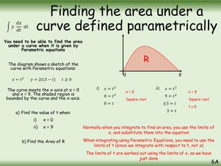 You need to be able to find the area
under a curve when it is given by
Parametric equations
The diagram shows a sketch of the
curve with Parametric equations:
The curve meets the x-axis at x = 0
and x = 9. The shaded region is
bounded by the curve and the x-axis.
a) Find the value of t when:
i) x = 0
ii) x = 9
b) Find the Area of R
𝑦
𝑑𝑥
𝑑𝑡
𝑑𝑡
𝑥 = 𝑡2
𝑦 = 2𝑡(3 − 𝑡) 𝑡 ≥ 0
0 9
R
𝑥 = 𝑡2
0 = 𝑡2
0 = 𝑡
𝑥 = 𝑡2
9 = 𝑡2
±3 = 𝑡
3 = 𝑡
x = 0
Square root
x = 9
Square root
t ≥ 0
i) ii)
Normally when you integrate to find an area, you use the limits of
x, and substitute them into the equation
When integrating using Parametric Equations, you need to use the
limits of t (since we integrate with respect to t, not x)
The limits of t are worked out using the limits of x, as we have
just done
6A
Finding the area under a
curve defined parametrically
 