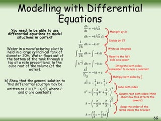 You need to be able to use
differential equations to model
situations in context
Water in a manufacturing plant is
held in a large cylindrical tank of
diameter 20m. Water flows out of
the bottom of the tank through a
tap at a rate proportional to the
cube root of the volume (of the
water).
b) Show that the general solution to
this differential equation may be
written as ℎ = 𝑃 − 𝑄𝑡
3
2, where 𝑃
and 𝑄 are constants
Modelling with Differential
Equations
6G
𝑑ℎ
𝑑𝑡
= −𝑘
3
ℎ
𝑑ℎ = −𝑘
3
ℎ 𝑑𝑡
1
3
ℎ
𝑑ℎ = −𝑘 𝑑𝑡
1
3
ℎ
𝑑ℎ = −𝑘 𝑑𝑡
ℎ−
1
3 𝑑ℎ = −𝑘 𝑑𝑡
ℎ
2
3
2
3
= −𝑘𝑡 + 𝑐
ℎ
2
3 = −
2
3
𝑘𝑡 +
2
3
𝑐
ℎ2
= −
2
3
𝑘𝑡 +
2
3
𝑐
3
ℎ = −
2
3
𝑘𝑡 +
2
3
𝑐
3
2
Multiply by 𝑑𝑡
Divide by
3
ℎ
Write as integrals
Rewrite the left
side as a power
Integrate both sides,
remember to include a constant
Multiply both sides by
2
3
ℎ =
2
3
𝑐 −
2
3
𝑘𝑡
3
2
Cube both sides
Square root both sides (think
about how this affects the
powers)
Swap the order of the
terms inside the bracket
 