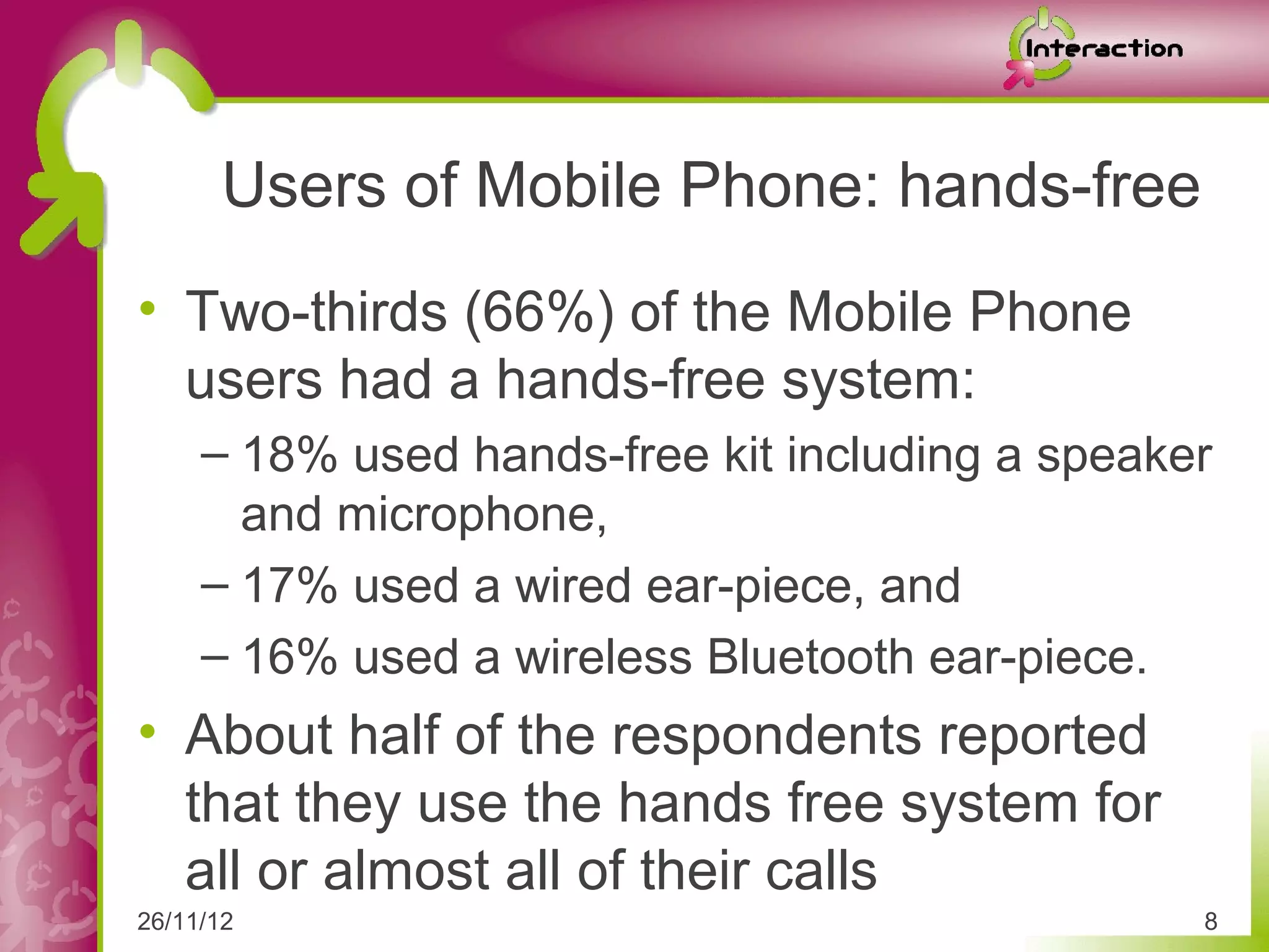 Users of Mobile Phone: hands-free
• Two-thirds (66%) of the Mobile Phone
  users had a hands-free system:
     – 18% used hands-free kit including a speaker
       and microphone,
     – 17% used a wired ear-piece, and
     – 16% used a wireless Bluetooth ear-piece.
• About half of the respondents reported
  that they use the hands free system for
  all or almost all of their calls
26/11/12                                         8
 