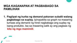 MGA KAGANAPAN AT PAGBABAGO SA
PAMILIHAN
9/3/20XX Presentation Title 21
1. Paglipat ng kurba ng demand pakanan subalit walang
pagbabago sa suplay. Ipinapakita sa graph na maaaring
tumaas ang demand ng hindi nagbabago ang suplay ng
isang produkto. Isa sa maaaring salik ay ang pagtaas ng
kita ng mga mamimili.
 