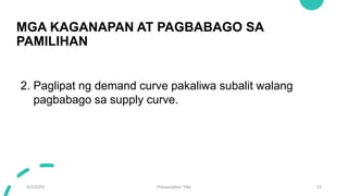 MGA KAGANAPAN AT PAGBABAGO SA
PAMILIHAN
9/3/20XX Presentation Title 23
2. Paglipat ng demand curve pakaliwa subalit walang
pagbabago sa supply curve.
 