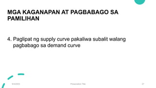 MGA KAGANAPAN AT PAGBABAGO SA
PAMILIHAN
9/3/20XX Presentation Title 27
4. Paglipat ng supply curve pakaliwa subalit walang
pagbabago sa demand curve
 