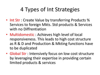 4 Types of Int Strategies
• Int Str : Create Value by transferring Products %
Services to foreign Mkts. Std products & Services
with no Diffrentiation
• Multidomestic : Achieves high level of local
responsiveness. This leads to high cost structure
as R & D and Production & Mkting functions have
to be duplicated
• Global Str : Intensively focus on low cost structure
by leveraging their expertise in providing certain
limited products & services
 