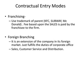 Contractual Entry Modes
• Franchising-
– Use trademark of parent (KFC, SUBWAY, Mc
Donald) . Fee based upon the SALES is paid by the
franchisee to the firm.
• Foreign Branching
– It is an extension of the company in its foreign
market. Just fulfills the duties of corporate office
– Sales, Customer Service and Distribution.
 