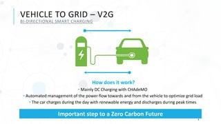 How does it work?
 Mainly DC Charging with CHAdeMO
 Automated management of the power flow towards and from the vehicle to optimize grid load
 The car charges during the day with renewable energy and discharges during peak times
8
VEHICLE TO GRID – V2G
BI-DIRECTIONAL SMART CHARGING
Important step to a Zero Carbon Future
 