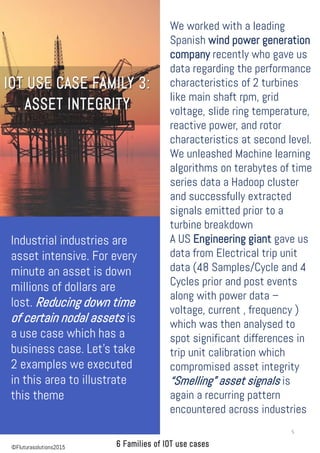 We worked with a leading
Spanish wind power generation
company recently who gave us
data regarding the performance
characteristics of 2 turbines
like main shaft rpm, grid
voltage, slide ring temperature,
reactive power, and rotor
characteristics at second level.
We unleashed Machine learning
algorithms on terabytes of time
series data a Hadoop cluster
and successfully extracted
signals emitted prior to a
turbine breakdown
A US Engineering giant gave us
data from Electrical trip unit
data (48 Samples/Cycle and 4
Cycles prior and post events
along with power data –
voltage, current , frequency )
which was then analysed to
spot significant differences in
trip unit calibration which
compromised asset integrity
“Smelling” asset signals is
again a recurring pattern
encountered across industries
Industrial industries are
asset intensive. For every
minute an asset is down
millions of dollars are
lost. Reducing down time
of certain nodal assets is
a use case which has a
business case. Let’s take
2 examples we executed
in this area to illustrate
this theme
5
©Fluturasolutions2015
 