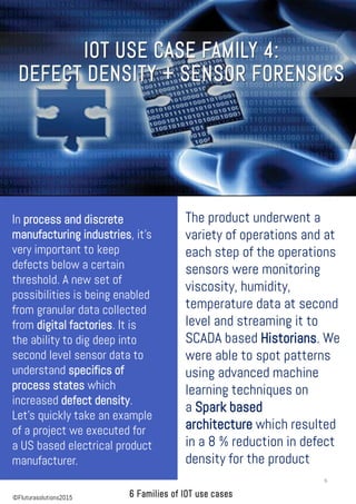 In process and discrete
manufacturing industries, it’s
very important to keep
defects below a certain
threshold. A new set of
possibilities is being enabled
from granular data collected
from digital factories. It is
the ability to dig deep into
second level sensor data to
understand specifics of
process states which
increased defect density.
Let’s quickly take an example
of a project we executed for
a US based electrical product
manufacturer.
The product underwent a
variety of operations and at
each step of the operations
sensors were monitoring
viscosity, humidity,
temperature data at second
level and streaming it to
SCADA based Historians. We
were able to spot patterns
using advanced machine
learning techniques on
a Spark based
architecture which resulted
in a 8 % reduction in defect
density for the product
6
©Fluturasolutions2015
 